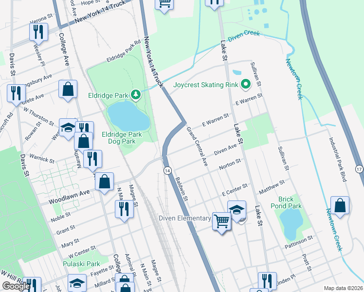 map of restaurants, bars, coffee shops, grocery stores, and more near 325 East Thurston Street in Elmira