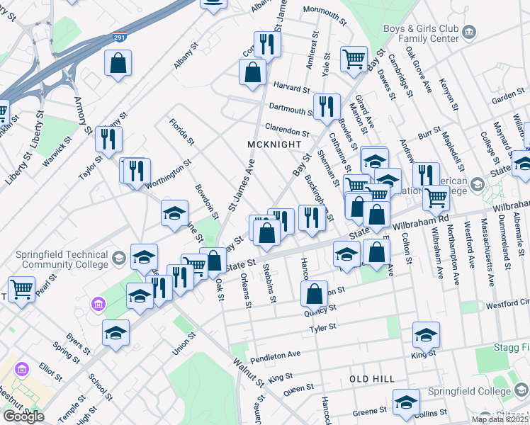 map of restaurants, bars, coffee shops, grocery stores, and more near 98 Bay Street in Springfield