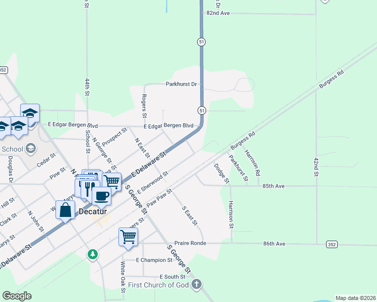 map of restaurants, bars, coffee shops, grocery stores, and more near 324 East Delaware Street in Decatur
