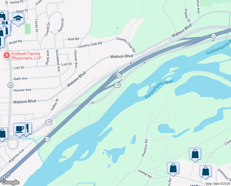 map of restaurants, bars, coffee shops, grocery stores, and more near George F Highway in Endicott