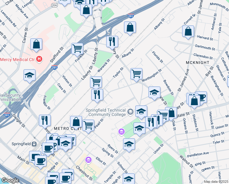 map of restaurants, bars, coffee shops, grocery stores, and more near 851 Worthington Street in Springfield
