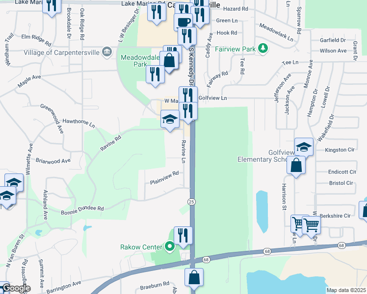 map of restaurants, bars, coffee shops, grocery stores, and more near 1651 Ravine Lane in Carpentersville