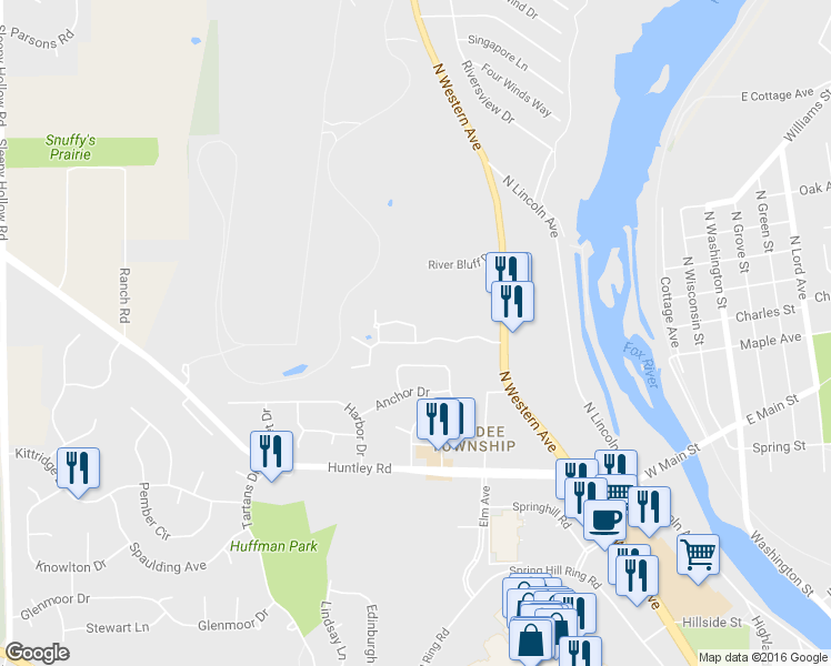 map of restaurants, bars, coffee shops, grocery stores, and more near 144 Spring Court North in Carpentersville