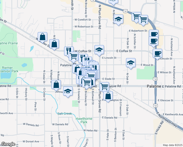 map of restaurants, bars, coffee shops, grocery stores, and more near 44 West Wilson Street in Palatine