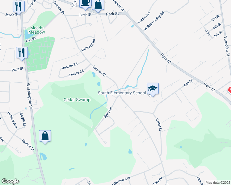 map of restaurants, bars, coffee shops, grocery stores, and more near 434 Sumner Street in Stoughton