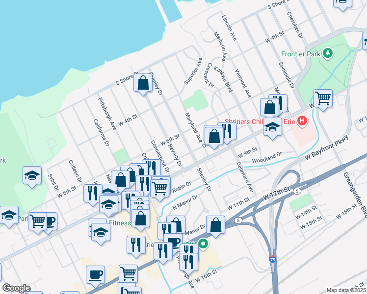 map of restaurants, bars, coffee shops, grocery stores, and more near 611 Shenley Drive in Erie