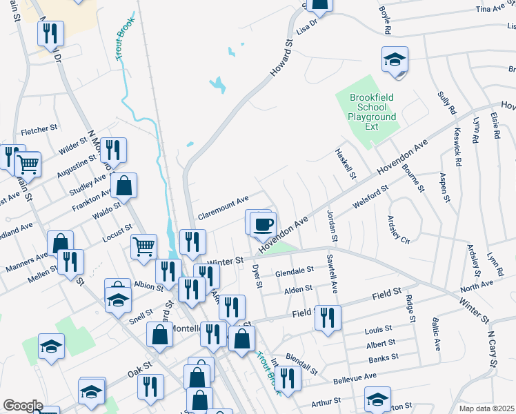 map of restaurants, bars, coffee shops, grocery stores, and more near 97 Claremount Avenue in Brockton