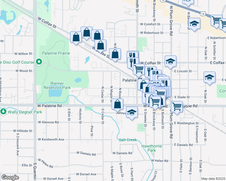 map of restaurants, bars, coffee shops, grocery stores, and more near 323 West Wilson Street in Palatine