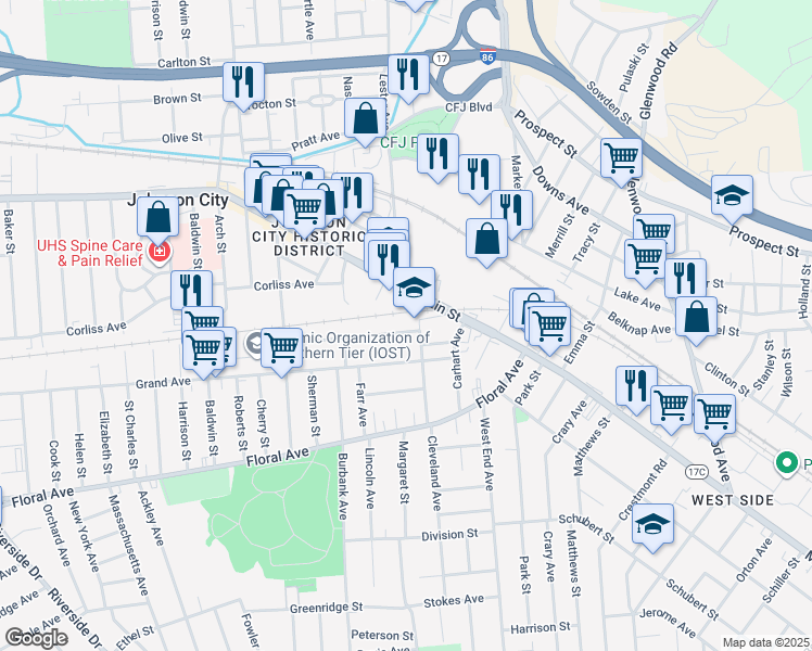 map of restaurants, bars, coffee shops, grocery stores, and more near 7 Endicott Avenue in Johnson City