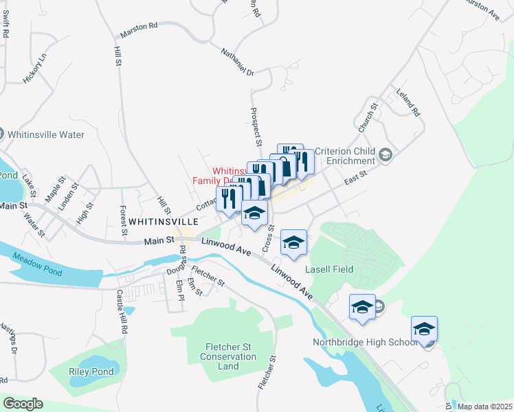 map of restaurants, bars, coffee shops, grocery stores, and more near 111 Church Street in Northbridge