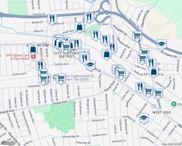 map of restaurants, bars, coffee shops, grocery stores, and more near 104 New York 17C in Johnson City