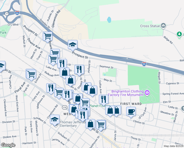 map of restaurants, bars, coffee shops, grocery stores, and more near 8 Jones Street in Binghamton
