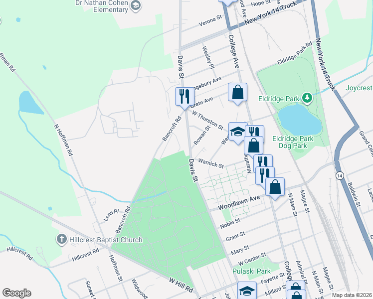map of restaurants, bars, coffee shops, grocery stores, and more near 1847 Davis Street in Elmira