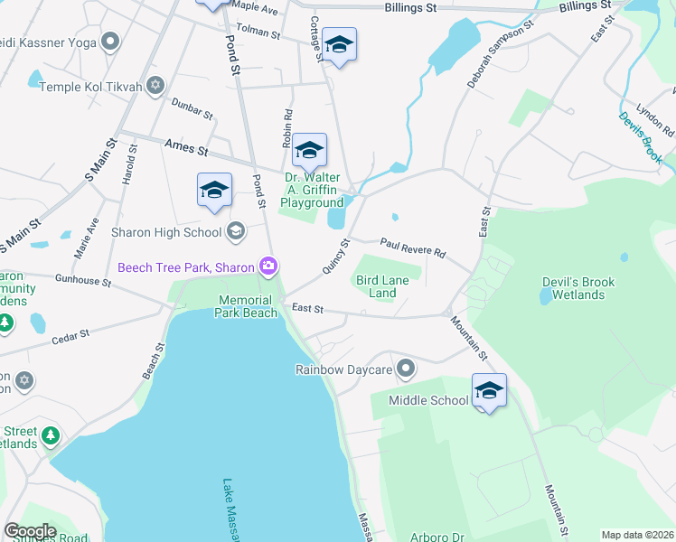 map of restaurants, bars, coffee shops, grocery stores, and more near 32 Quincy Street in Sharon