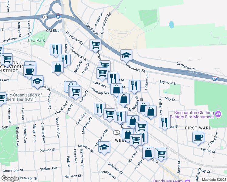 map of restaurants, bars, coffee shops, grocery stores, and more near 58 Glenwood Avenue in Binghamton
