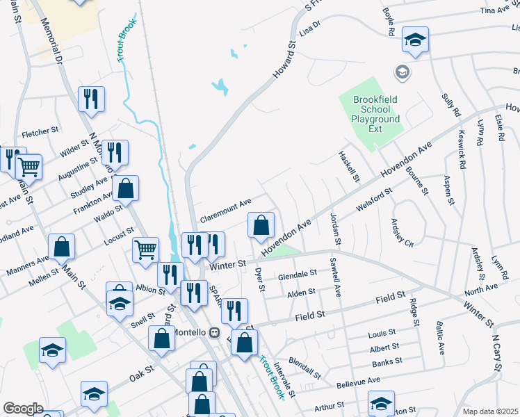 map of restaurants, bars, coffee shops, grocery stores, and more near 97 Claremount Avenue in Brockton