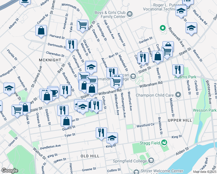 map of restaurants, bars, coffee shops, grocery stores, and more near 864 State Street in Springfield