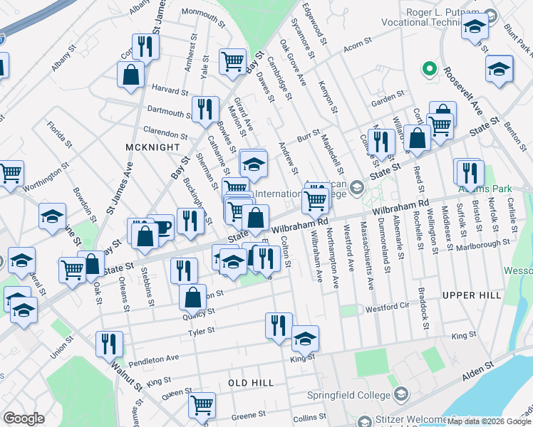 map of restaurants, bars, coffee shops, grocery stores, and more near 15 Catharine Street in Springfield
