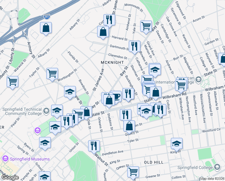map of restaurants, bars, coffee shops, grocery stores, and more near 145 Bay Street in Springfield