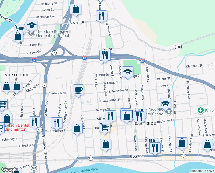 map of restaurants, bars, coffee shops, grocery stores, and more near 99 Broad Avenue in Binghamton
