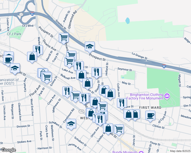 map of restaurants, bars, coffee shops, grocery stores, and more near 2 Cliff Avenue in Binghamton