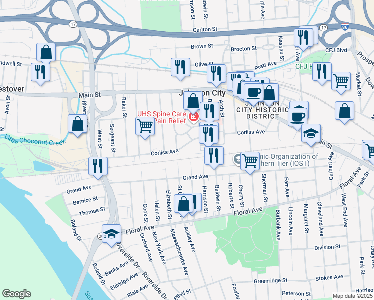 map of restaurants, bars, coffee shops, grocery stores, and more near 161 Corliss Avenue in Johnson City