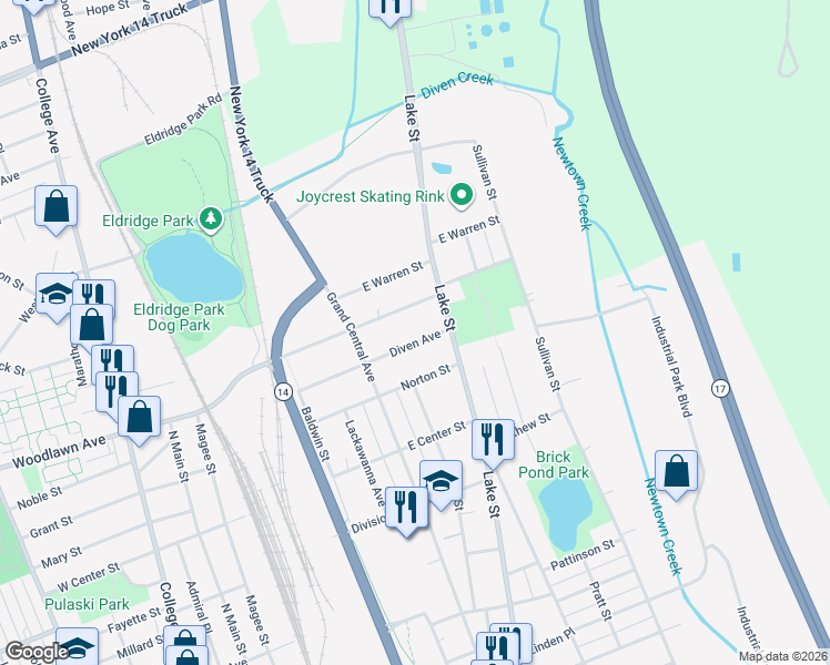 map of restaurants, bars, coffee shops, grocery stores, and more near 368 East Thurston Street in Elmira