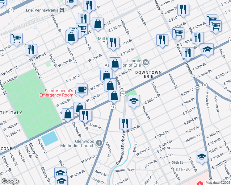 map of restaurants, bars, coffee shops, grocery stores, and more near 2504 State Street in Erie
