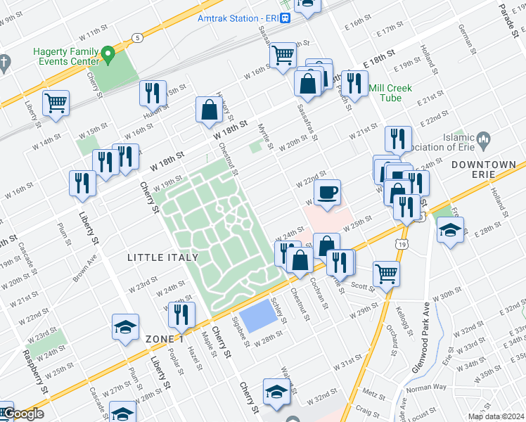 map of restaurants, bars, coffee shops, grocery stores, and more near 344 West 22nd Street in Erie