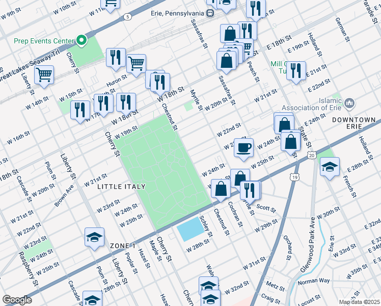 map of restaurants, bars, coffee shops, grocery stores, and more near 344 West 22nd Street in Erie