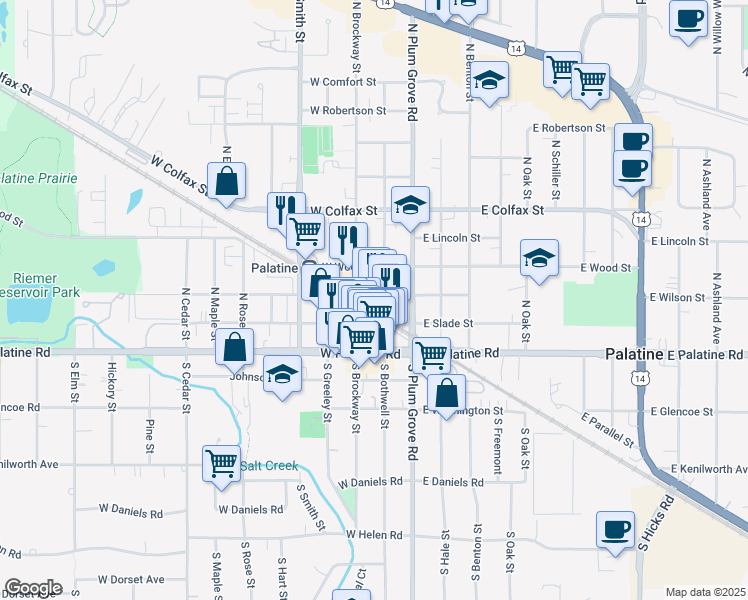 map of restaurants, bars, coffee shops, grocery stores, and more near 44 West Wilson Street in Palatine