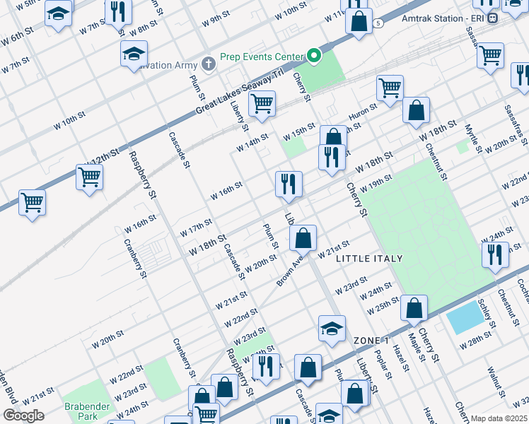 map of restaurants, bars, coffee shops, grocery stores, and more near 828 West 18th Street in Erie