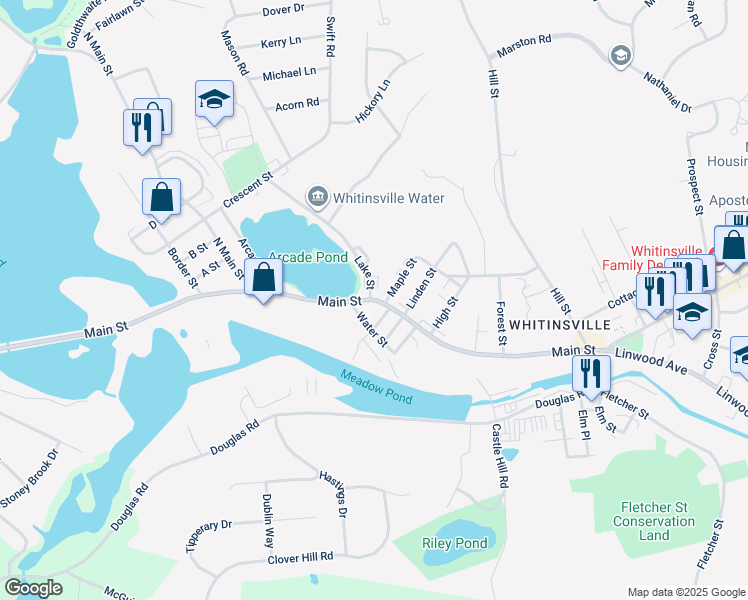 map of restaurants, bars, coffee shops, grocery stores, and more near 258 Main Street in Northbridge