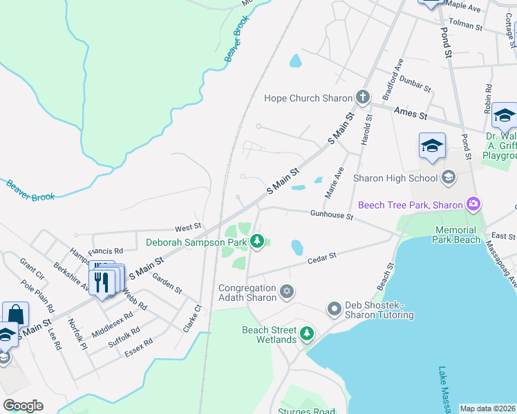 map of restaurants, bars, coffee shops, grocery stores, and more near 248 South Main Street in Sharon