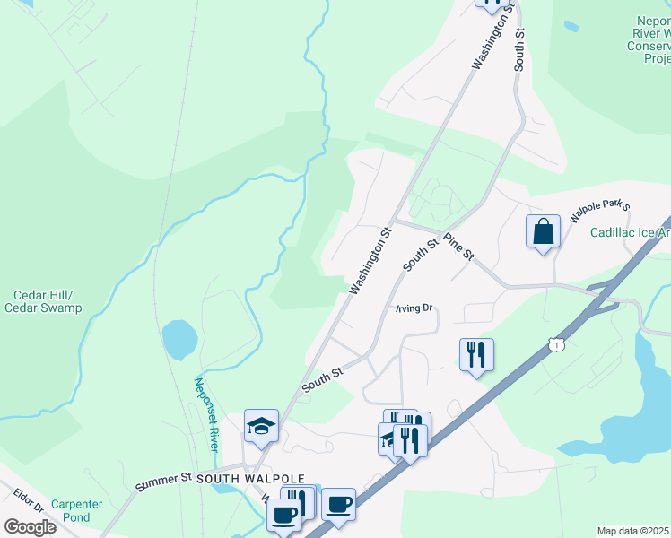 map of restaurants, bars, coffee shops, grocery stores, and more near 25 Georgia Drive in Walpole