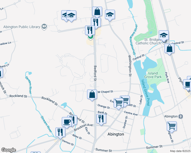 map of restaurants, bars, coffee shops, grocery stores, and more near 275 Bedford Street in Abington