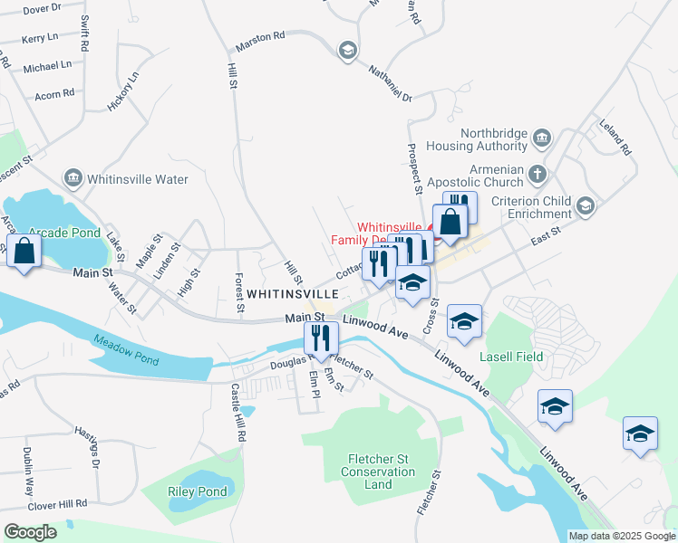 map of restaurants, bars, coffee shops, grocery stores, and more near 29 Cottage Street in Northbridge