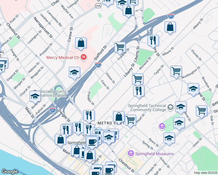 map of restaurants, bars, coffee shops, grocery stores, and more near 29-31 Cass Street in Springfield