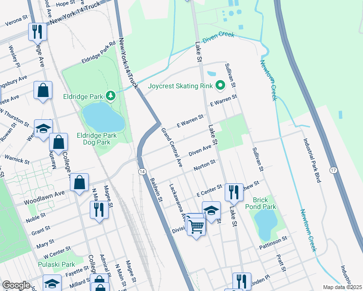 map of restaurants, bars, coffee shops, grocery stores, and more near 1412 Grand Central Avenue in Elmira