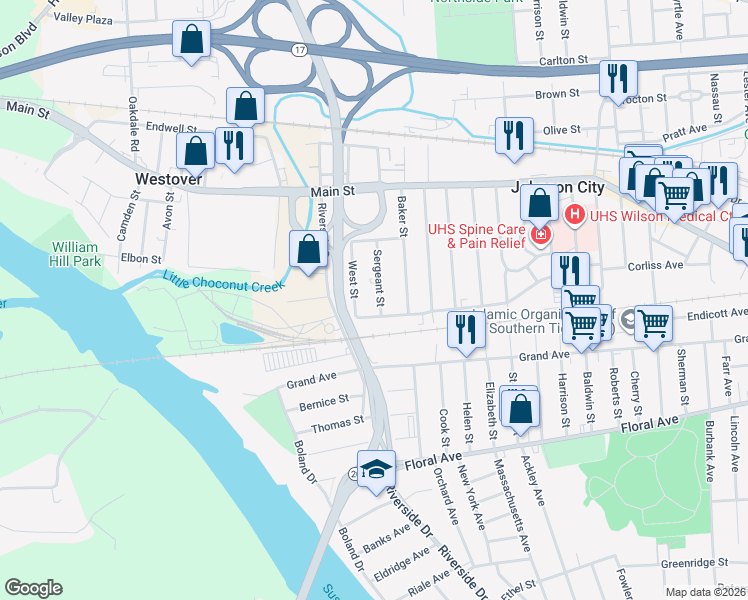map of restaurants, bars, coffee shops, grocery stores, and more near 125 Sergeant Street in Johnson City