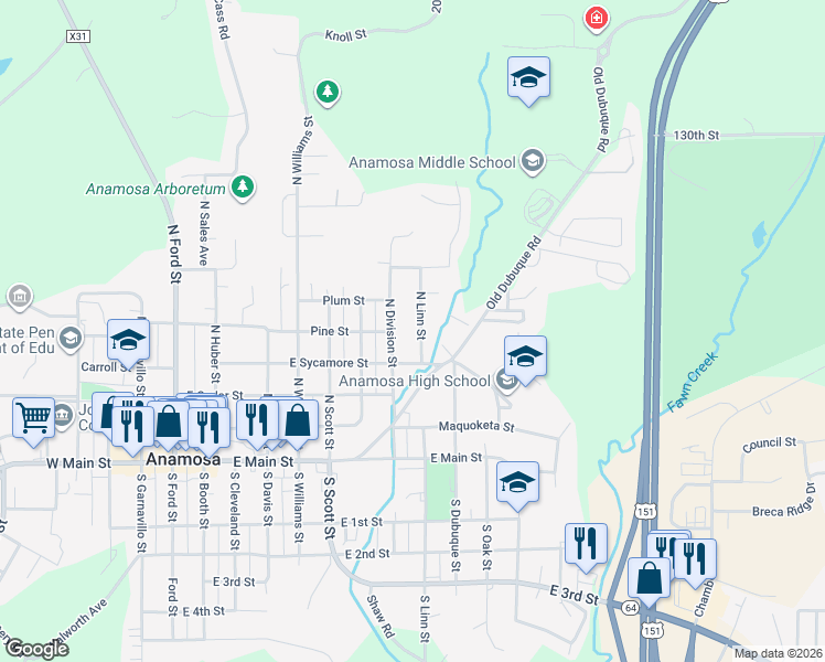 map of restaurants, bars, coffee shops, grocery stores, and more near 400-640 North Linn Street in Anamosa