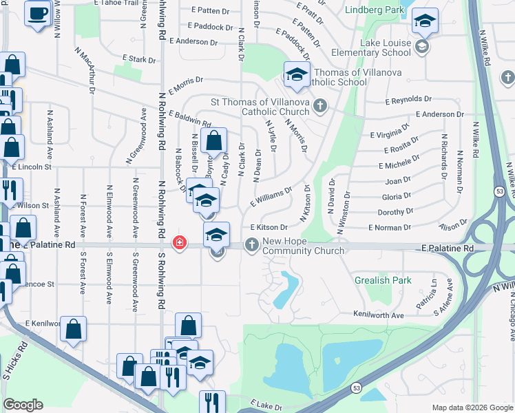 map of restaurants, bars, coffee shops, grocery stores, and more near 112 North Dean Drive in Palatine