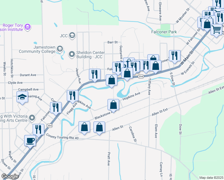 map of restaurants, bars, coffee shops, grocery stores, and more near 1310 East 2nd Street in Jamestown