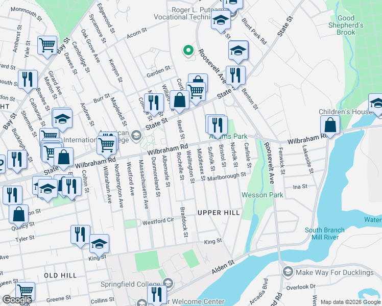 map of restaurants, bars, coffee shops, grocery stores, and more near 15 Wellington Street in Springfield