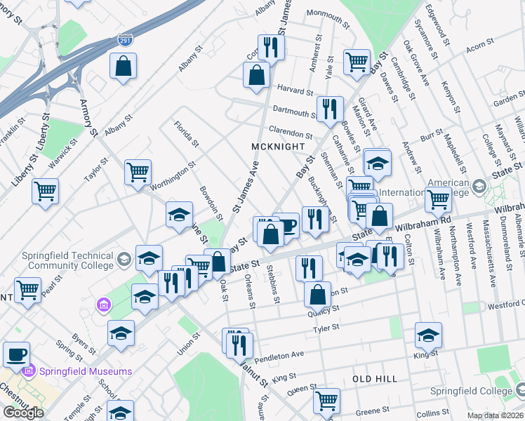 map of restaurants, bars, coffee shops, grocery stores, and more near 94 Thompson Street in Springfield