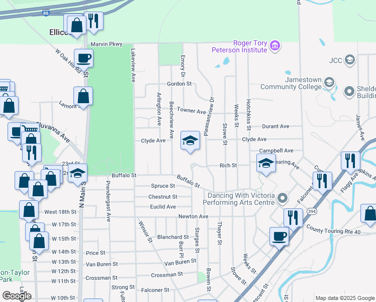 map of restaurants, bars, coffee shops, grocery stores, and more near 159 Buffalo Street in Jamestown