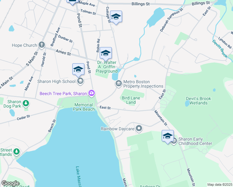 map of restaurants, bars, coffee shops, grocery stores, and more near 32 Quincy Street in Sharon