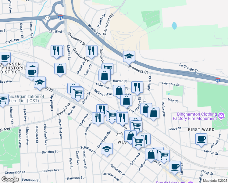 map of restaurants, bars, coffee shops, grocery stores, and more near 66 Glenwood Avenue in Binghamton