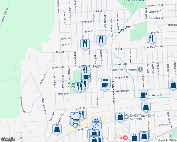 map of restaurants, bars, coffee shops, grocery stores, and more near 226 Oak Hill Avenue in Endicott