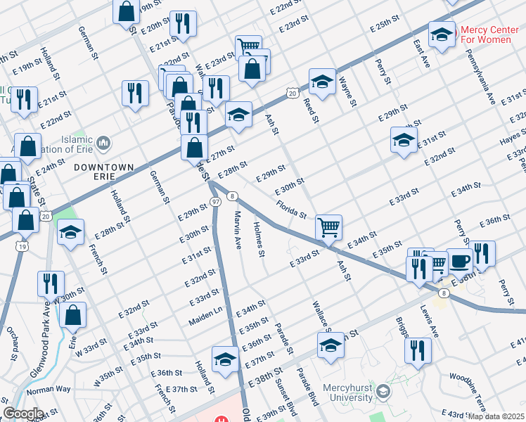 map of restaurants, bars, coffee shops, grocery stores, and more near 3001 Pine Ave in Erie